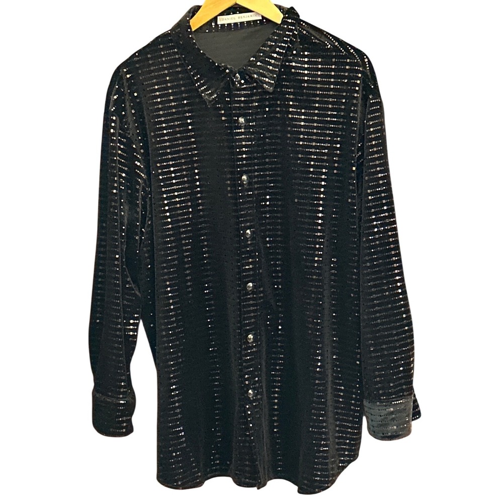 Vintage 90s Daniel Benjamin Velvet Button Down Shirt Glam Disco Metallic Striped